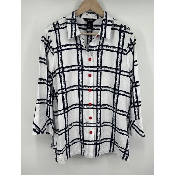 Ali Miles Artsy Boho Tunic Blouse Womens Size Large White Blue Red Buttons Boxy - Picture 1 of 3